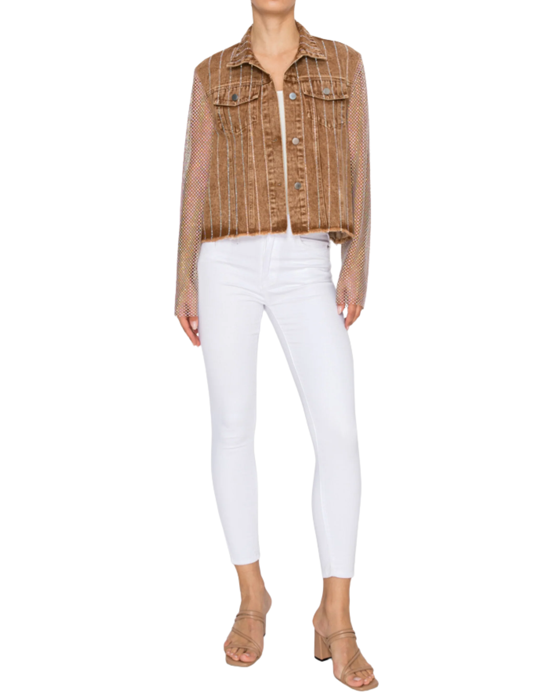 Brown Denim Jacket with Mesh Stone Sleeves - Image 3