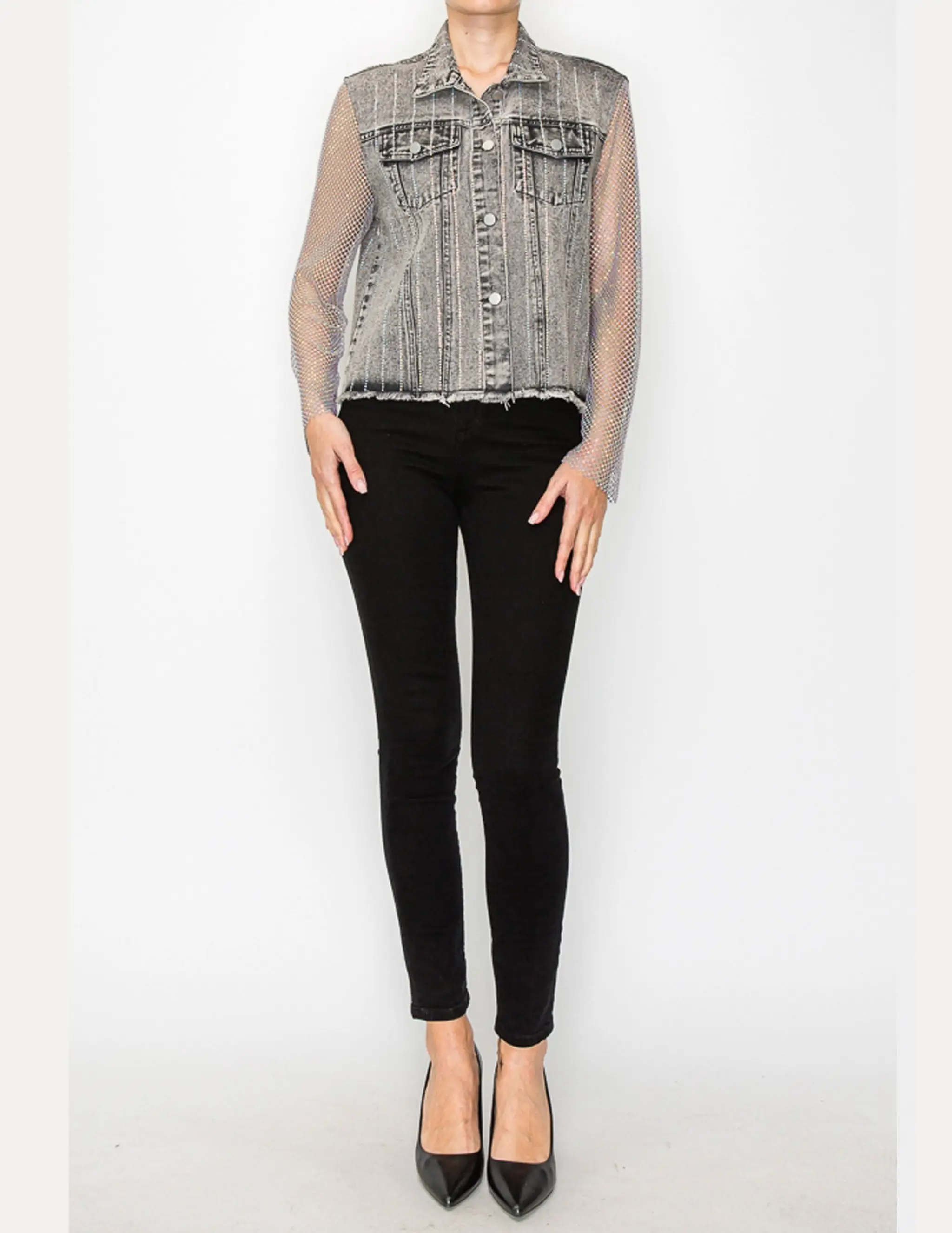 Denim Jacket with Mesh Stone Sleeves - Image 6