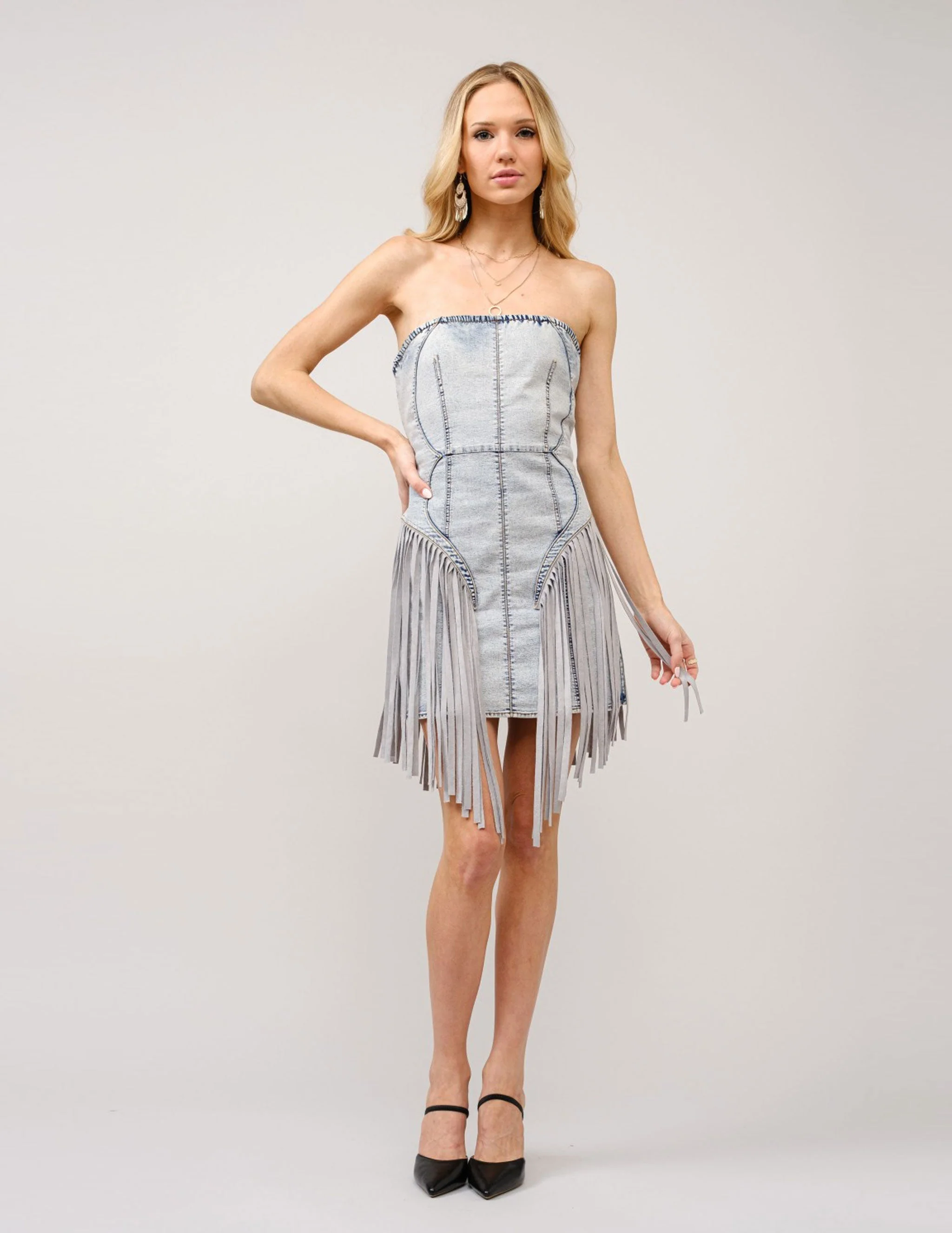 Strapless Light Wash Denim Fringe Dress