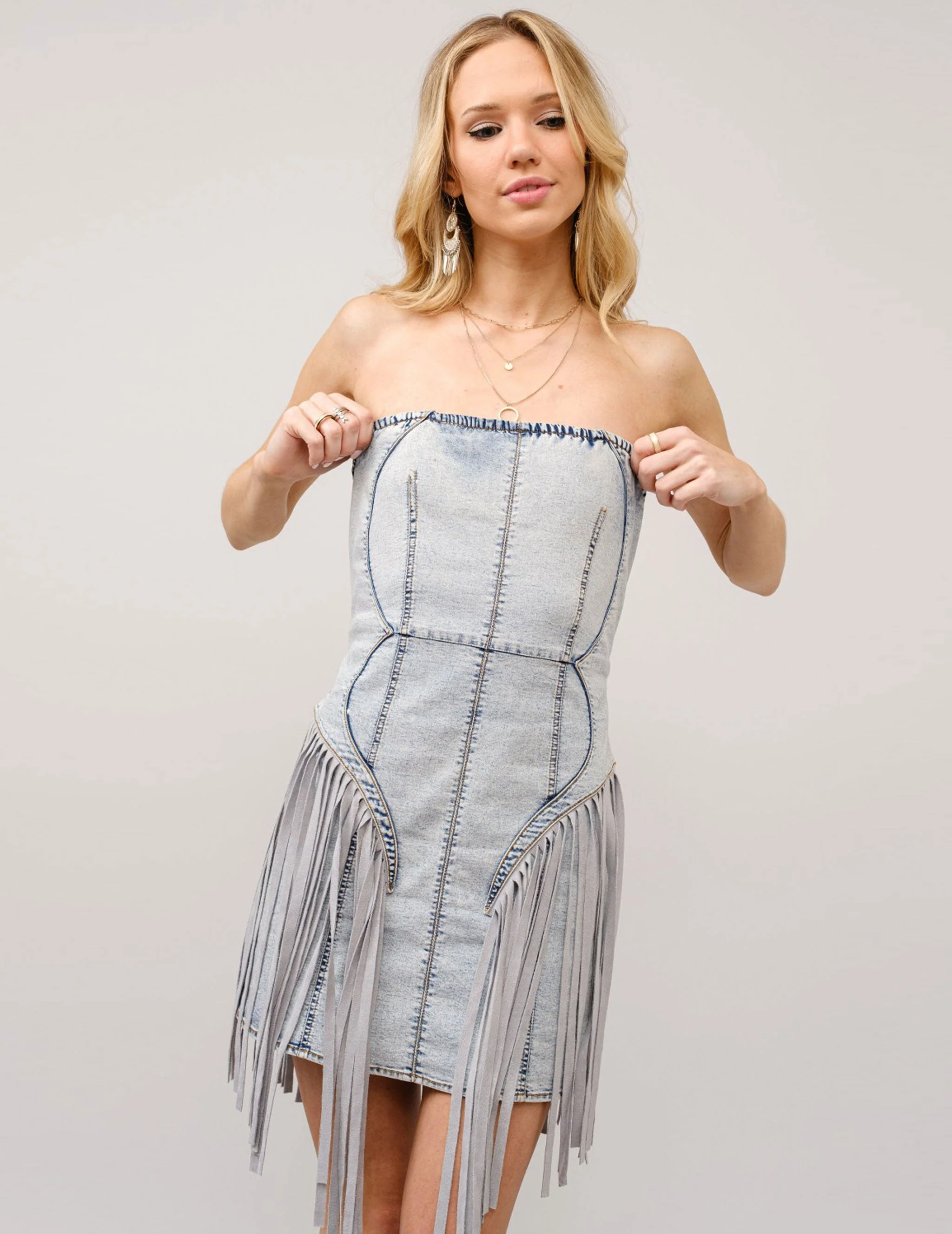 Strapless Light Wash Denim Fringe Dress - Image 2