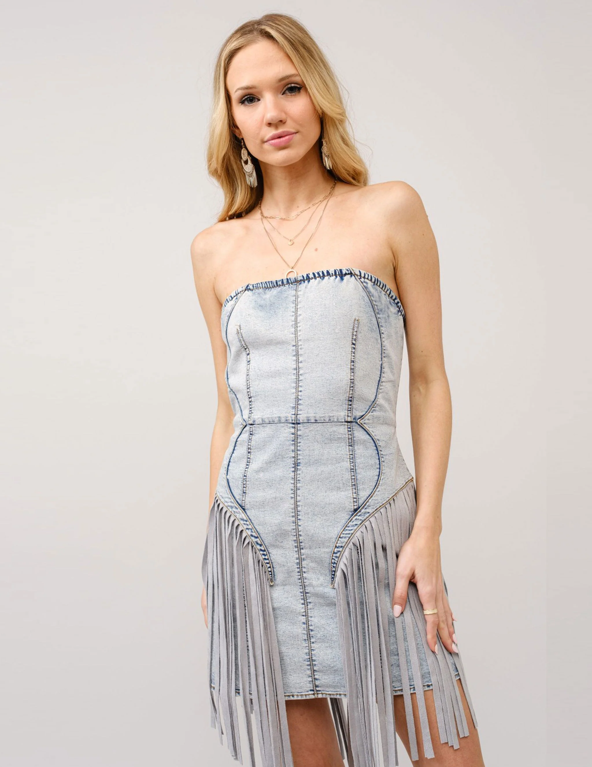 Strapless Light Wash Denim Fringe Dress - Image 3