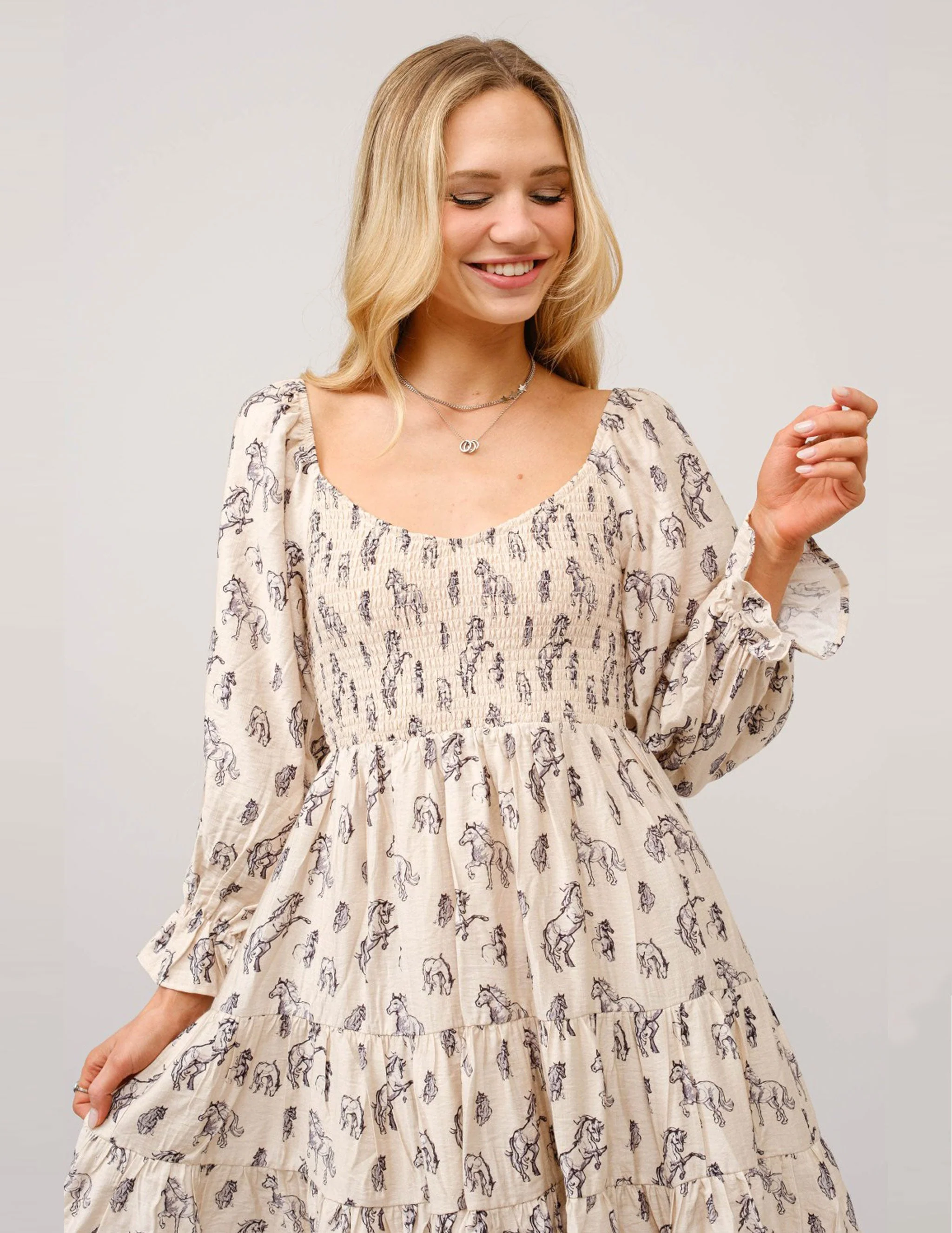 Horse print Puff Sleeve Tiered Dress