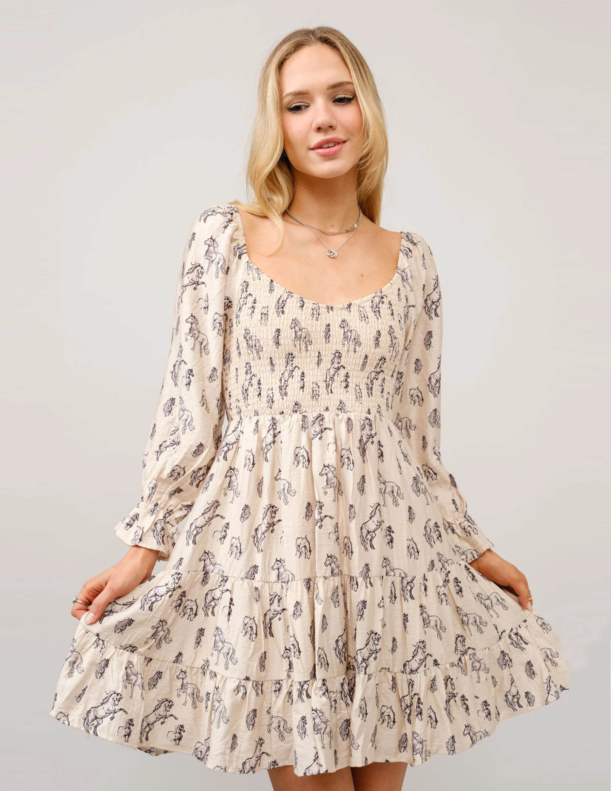 Horse print Puff Sleeve Tiered Dress - Image 2