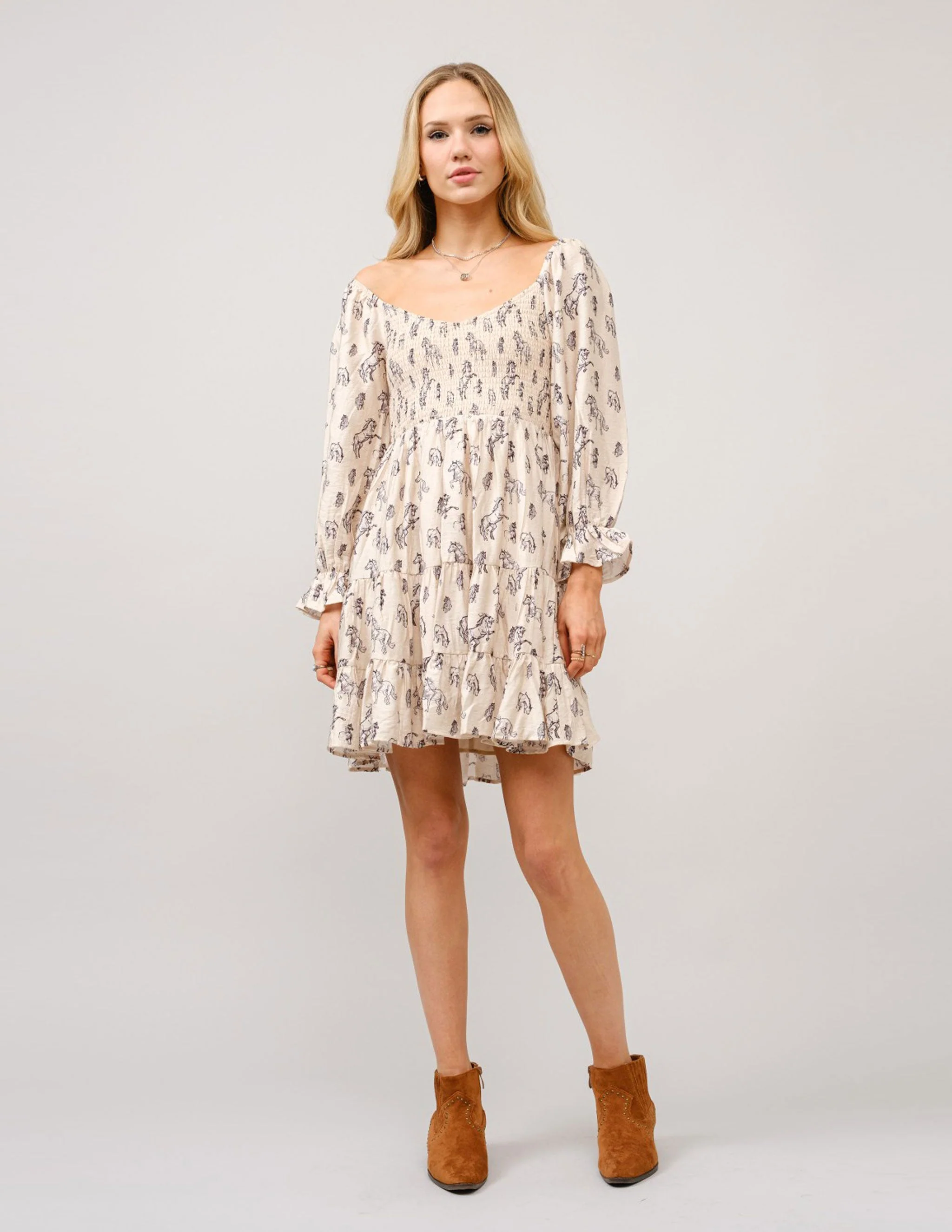 Horse print Puff Sleeve Tiered Dress - Image 4