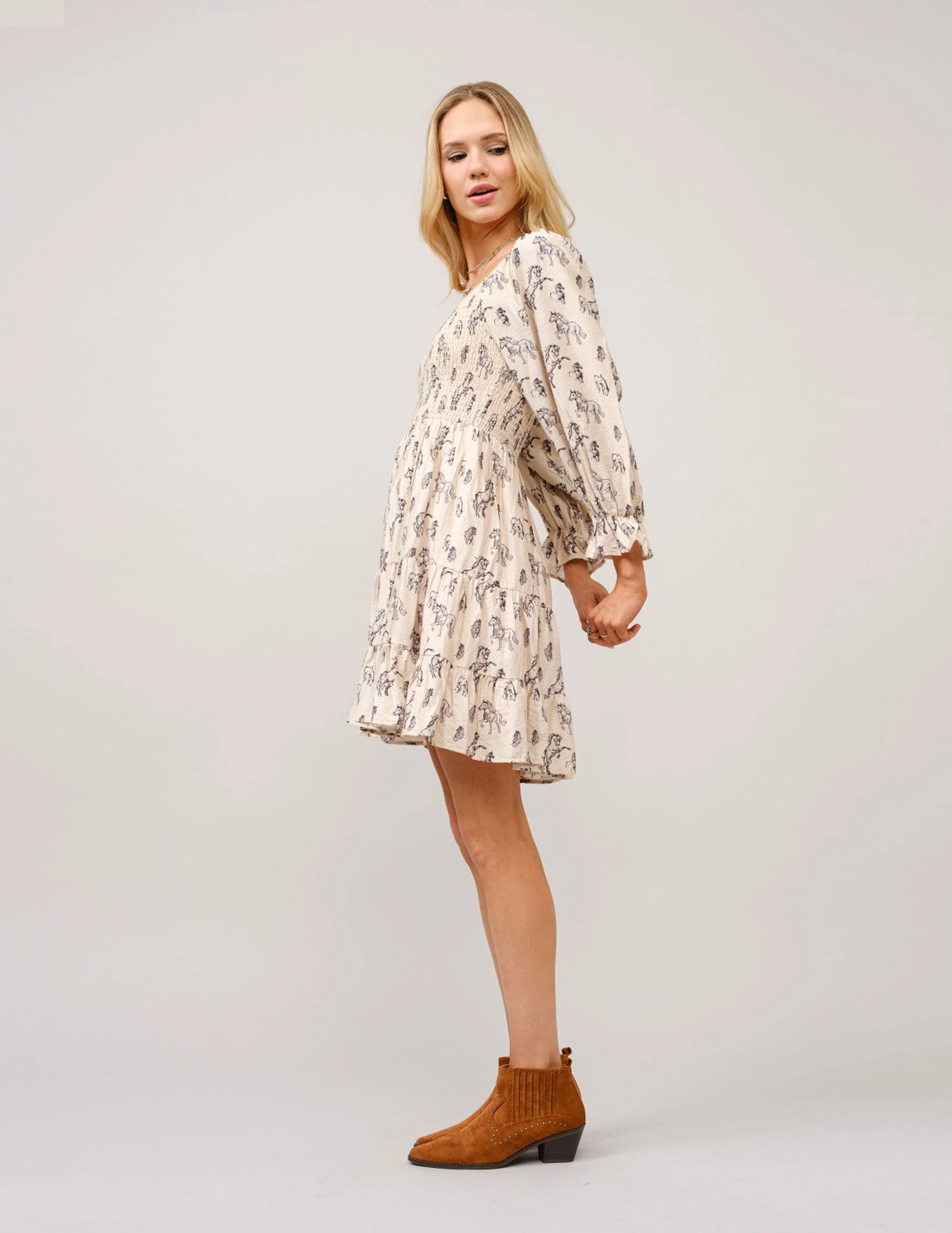 Horse print Puff Sleeve Tiered Dress - Image 5