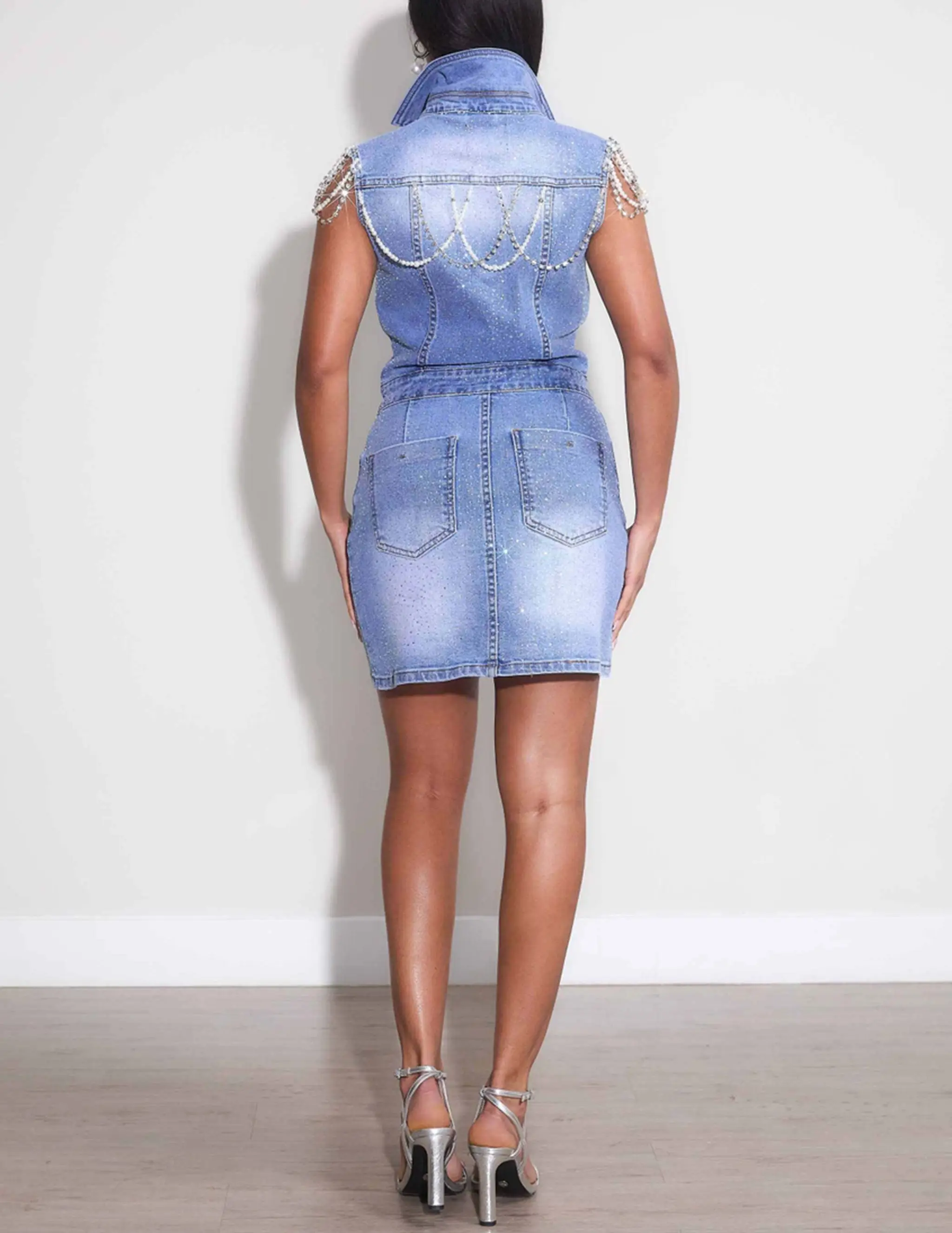 Rhinestone & Pearl Sleevless Denim Dress - Image 3
