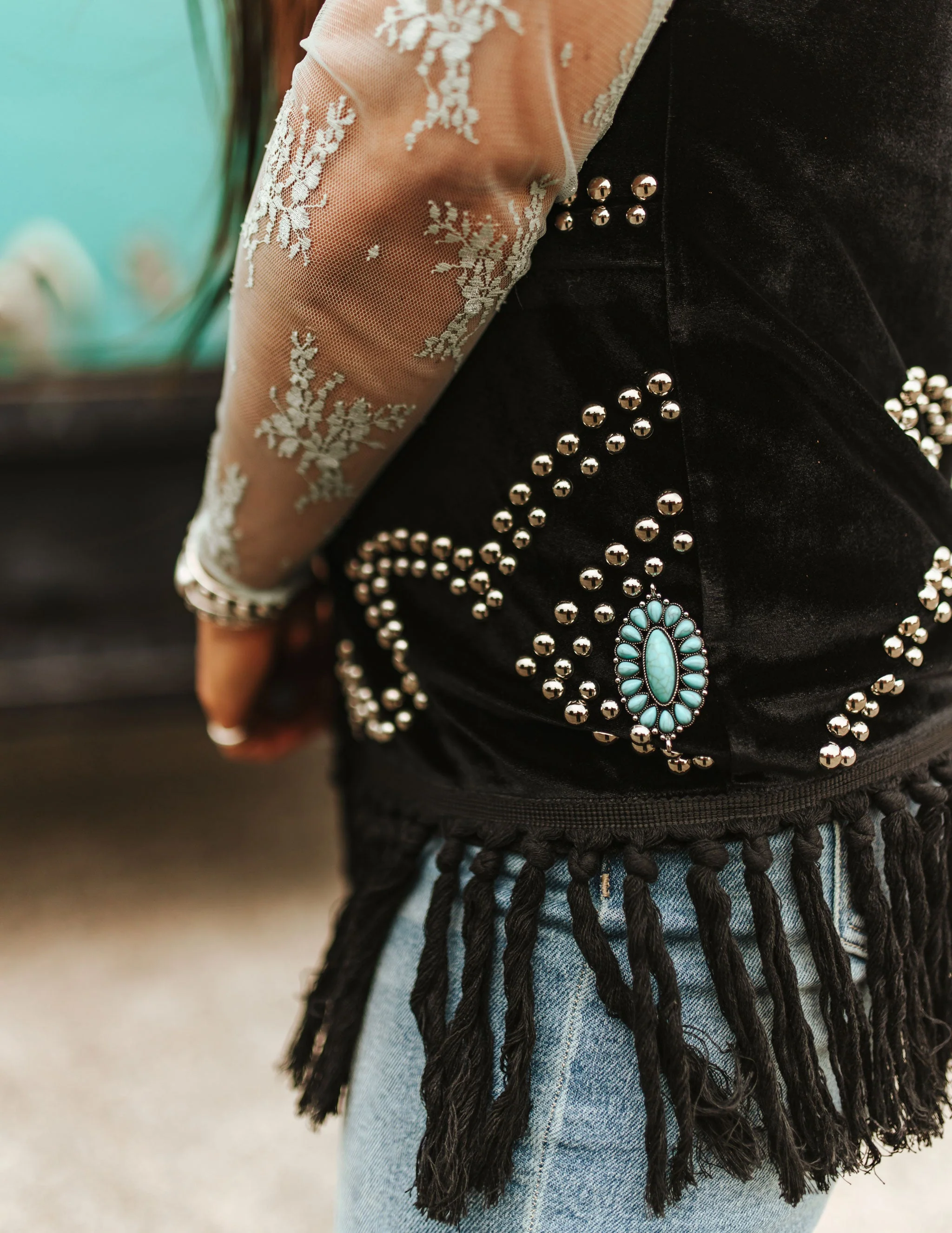 Turquoise Stone Studded Fringe Vest - Image 3