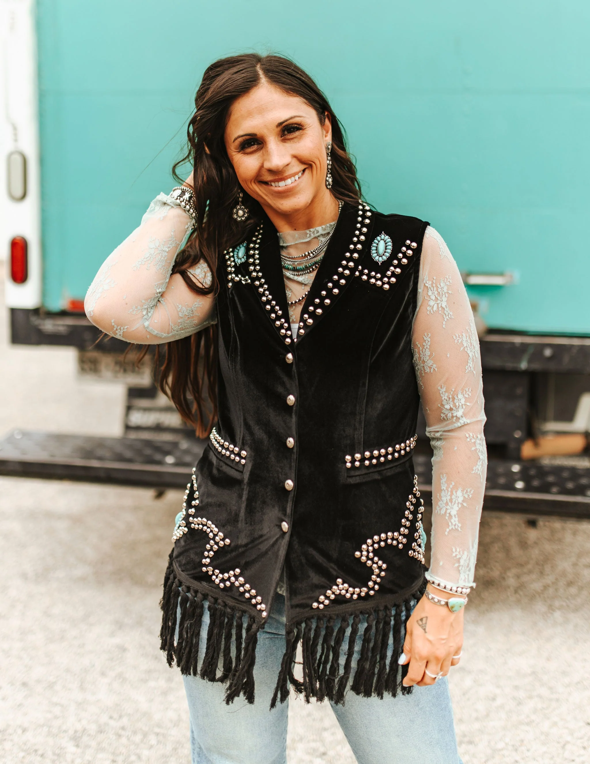 Turquoise Stone Studded Fringe Vest - Image 4