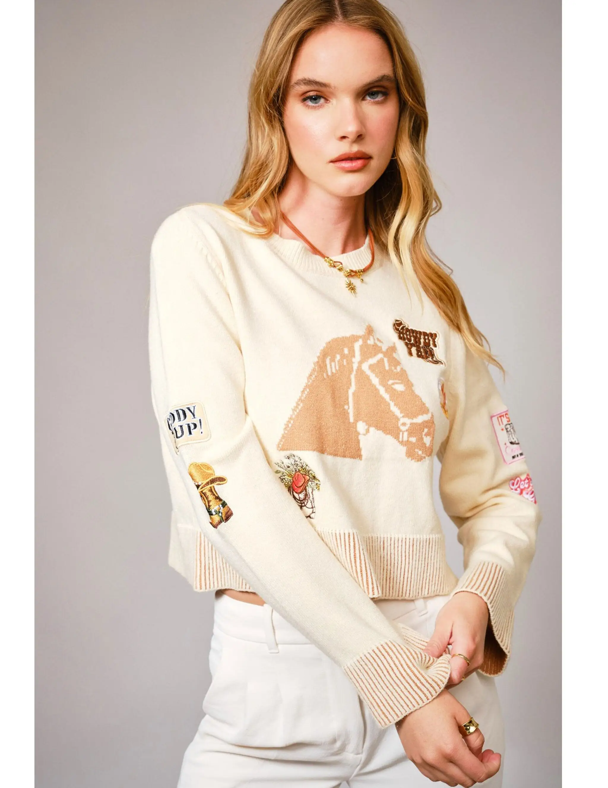 Western Horse Patch Crop Sweater